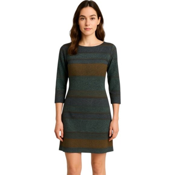 Peruvian Connection Dresses & Skirts - Peruvian Connection Small Green Brown Metallic Detail 3/4 Sleeve Brocade Dress